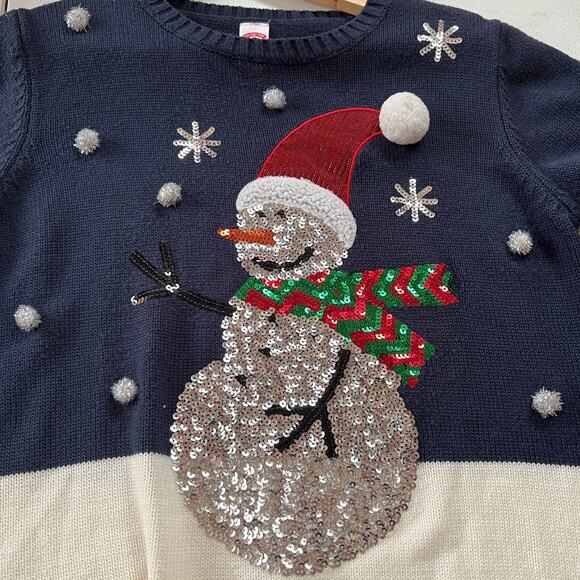 Holiday Time MEDIUM Ugly Christmas Sweater Blue White Knit Sequin Snowman - Picture 3 of 7